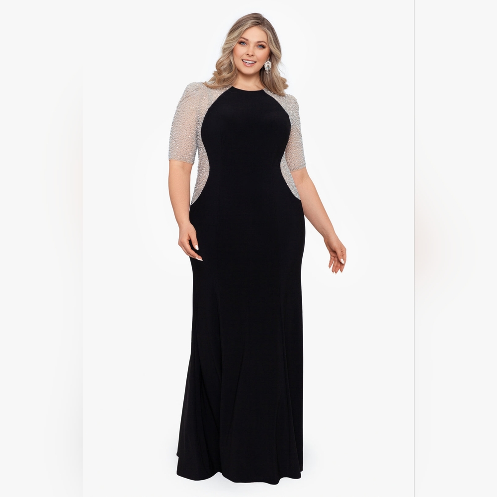 PLUS "ELISE" QUARTER SLEEVE LONG JERSEY KNIT DRESS
